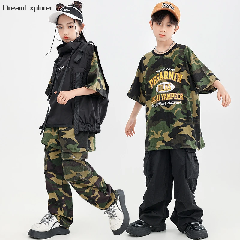 Boys Hip Hop Vest Camouflage T-shirt Cargo Pants Girls Street Dance Clothes Sets Kids Streetwear Child Jazz Military Outfits