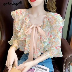 2024 Summer Women Trendy Floral Print Short Sleeve Blouses Ruffles Lace Up Bow Sweet Shirts Female Casual V Neck Loose Chic Tops