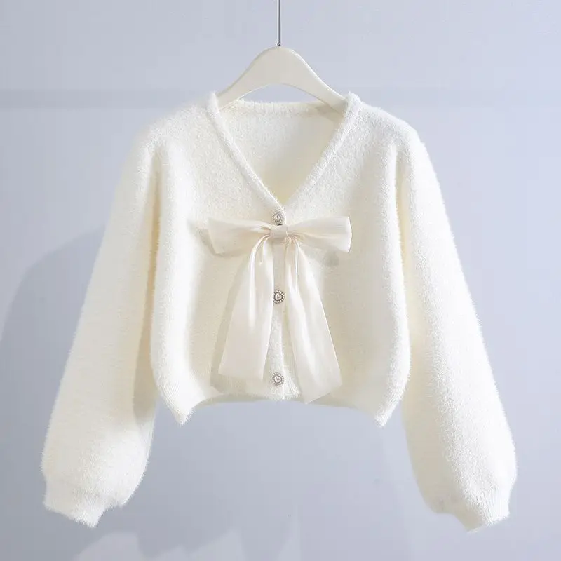 Sweet Bow Knitting Cardigan Spring Autumn New Long Sleeve V Neck Solid Color Loose Youth Sweater Fashion Cute Women Clothing