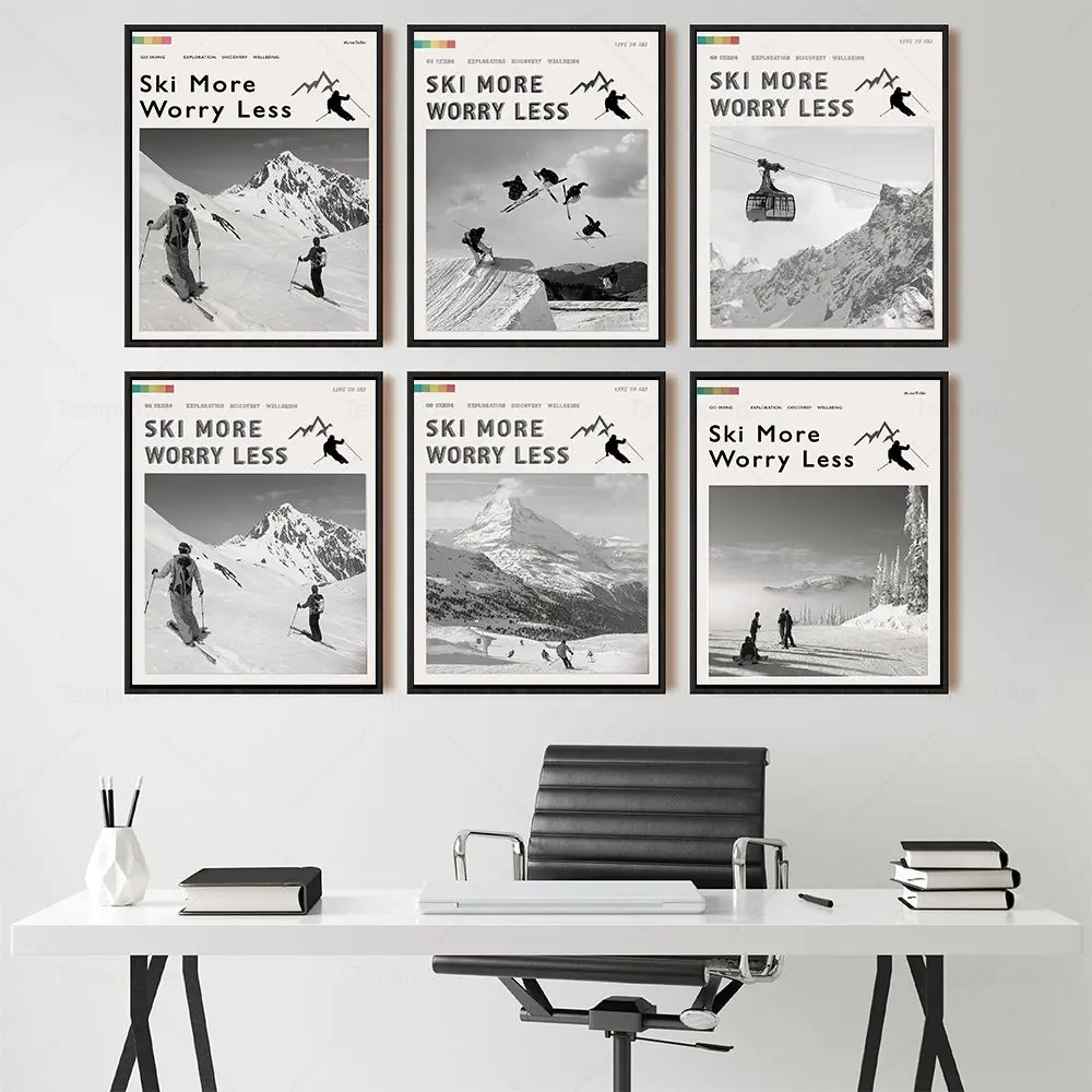 Ski More Worry Less Poster Skiing Alps Outdoor Adventure Art Print Winter Sport Black White Vintage Scenery Nature Wall Decor