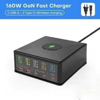 160W GaN USB Charger Station 15W Wireless Charging LCD Display USB C PD 65W QC3.0 Fast Charger for Iphone Samsung Xiaomi Laptop