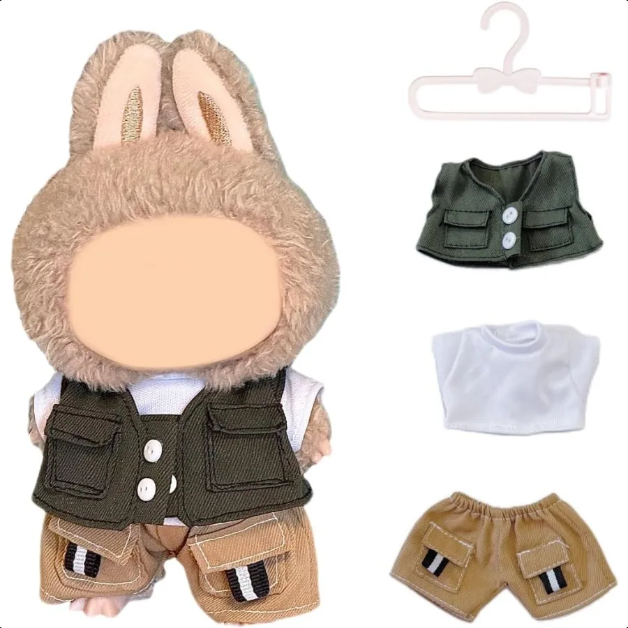 

Кукольная одежда для Labubu Комплект одежды для 15 см 17 см Lububu Outfit Accories Белая футболка + темно-зеленый жилет + коричневые джинсы + одежда