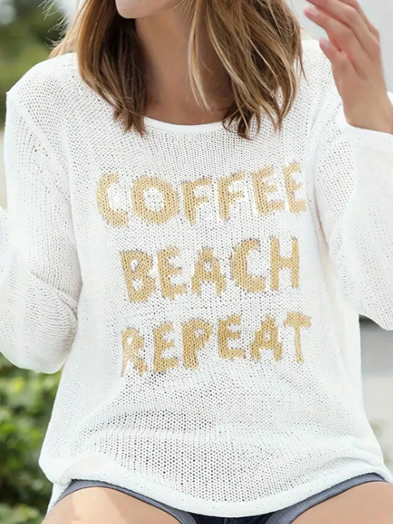 

Women's White Sheer Knit Sweater with "COFFEE BEACH REPEAT" Letter Print Side Split Long Sleeve Pullover Top