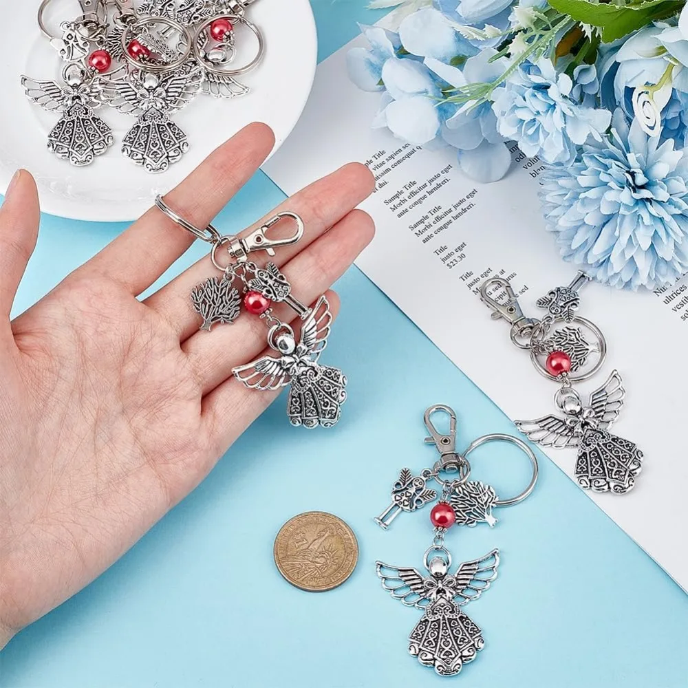 Silver Angel Charm Keychain 6 pcs Guardian Angel Keychain Accessories Gift Baptism Favors Key Ring for Women Funeral Party