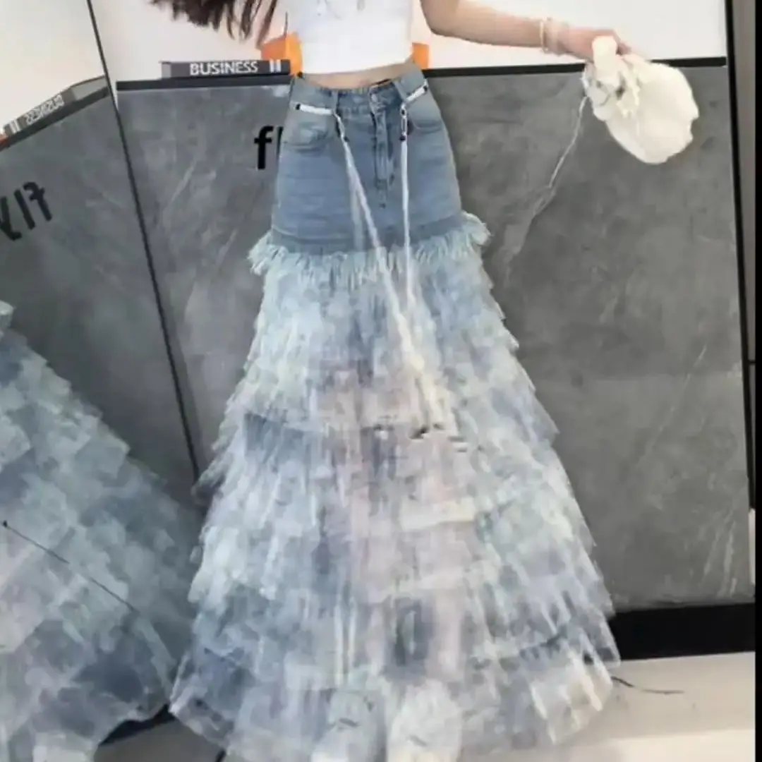 Blue Tie-Dye Denim Spliced ​​Skirt Women Summer New Fashionable Cake Skirt Versatile Fashionable Slim A-Line Skirt