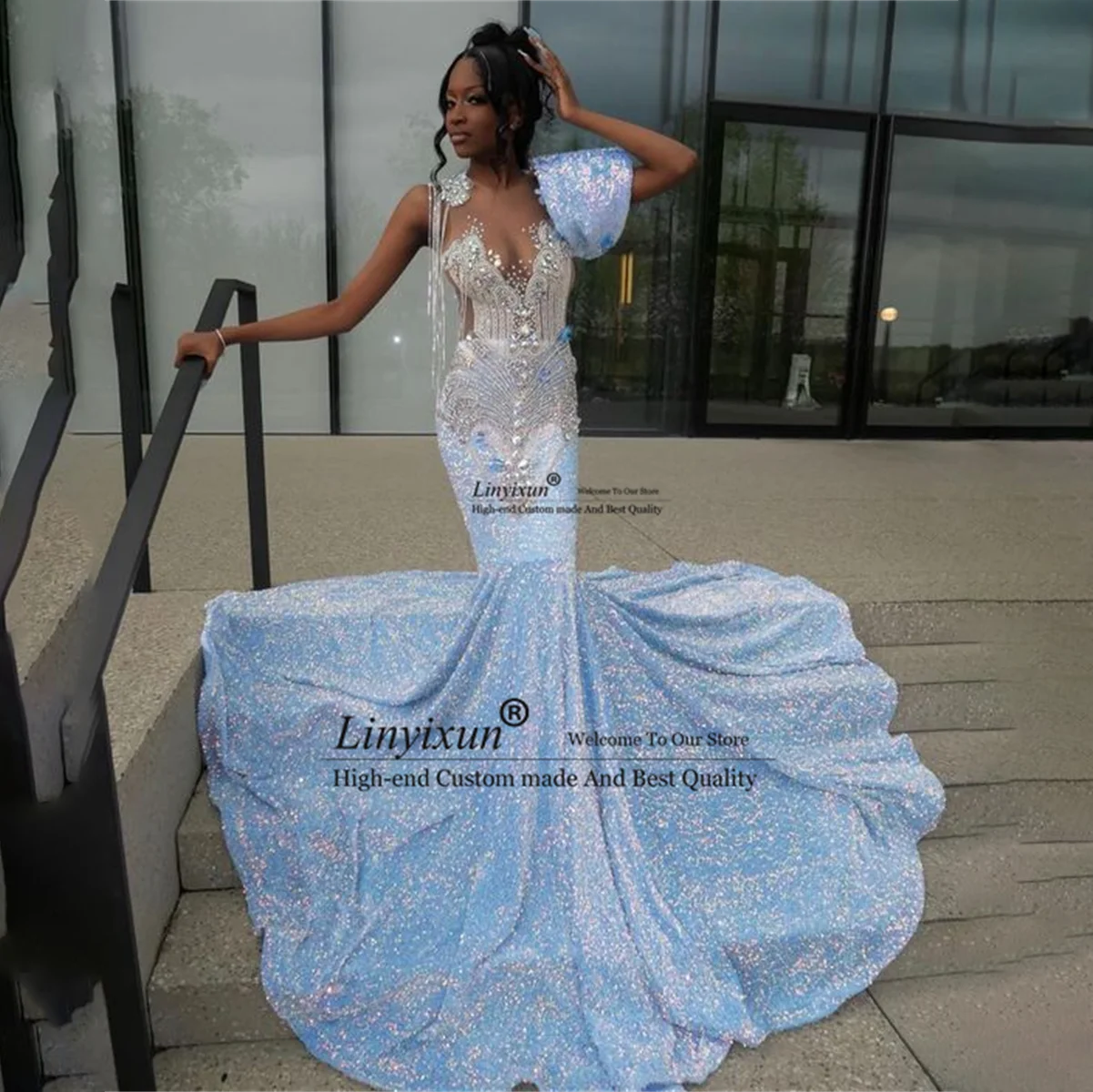 Shiny Sky Blue Rhinestones Mermaid Prom Dresses 2024 For Black Girls Diamonds Beads Crystals Ruffles Glitter Birthday Party Gown