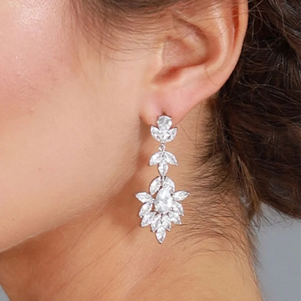 ZAKOL Leaf Marquise Zircon Bridal Earrings for Women Luxury Shiny Crystal Zirconia Long Drop Earring Elegant Wedding Jewelry