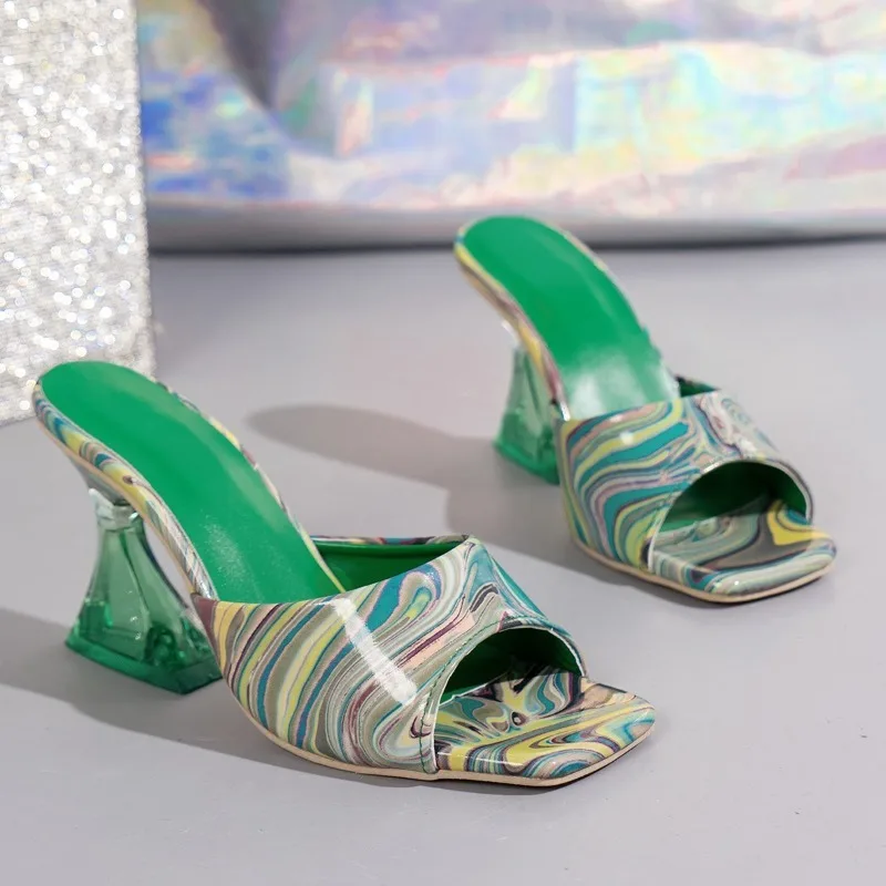 

Woman Slippers New Summer Camouflage Transparent Strange Crystal High Heels Sandals Women Square Toe Mules Lady Pumps Slides