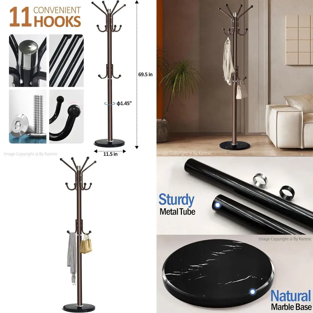 

Freestanding Coat Rack with Natural Marble Base, 11 Hooks for Hallway, Entryway, Bedroom, or Living Room Storage (Bronze)