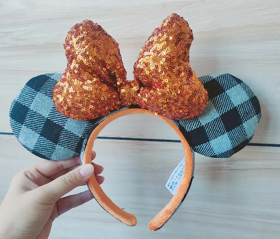 

Rare Mickey Disney Parks Orange Bow Sequin 2022 Ears Halloween Plaid Headband