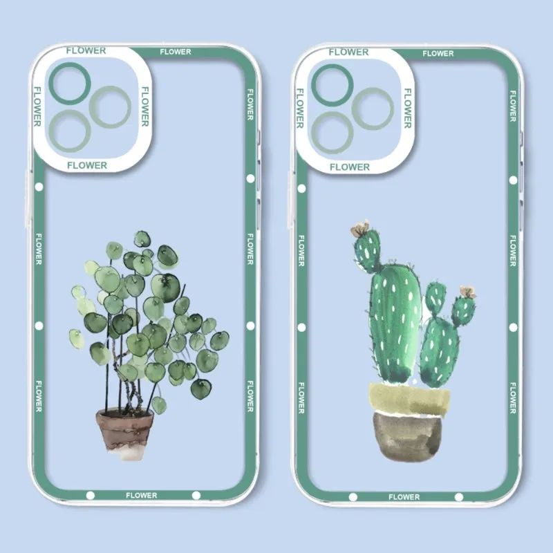 Succulent Cactus Plants Phone Case Telefoon For IPhone 12ProMax 14 13 12 11 Pro Max Mini Transparent Fine Hole Soft Cover