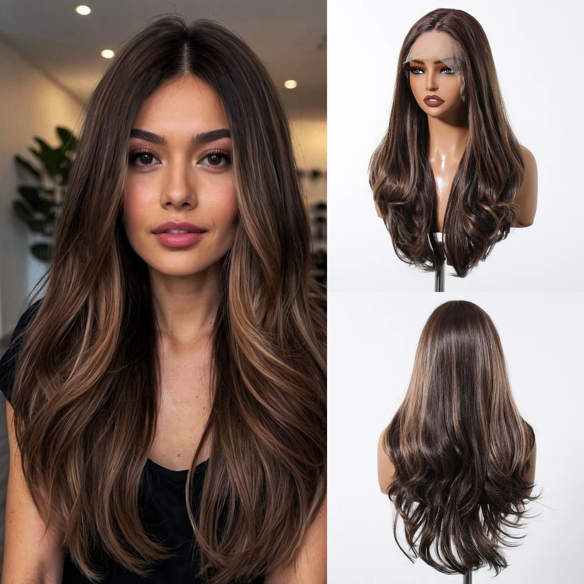 

DWY Body Wave Highlights Wig For Black Women Daily Party Natural Brown Synthetic Wig Long 13*6 Lace Frontal Heat Resistant Wig