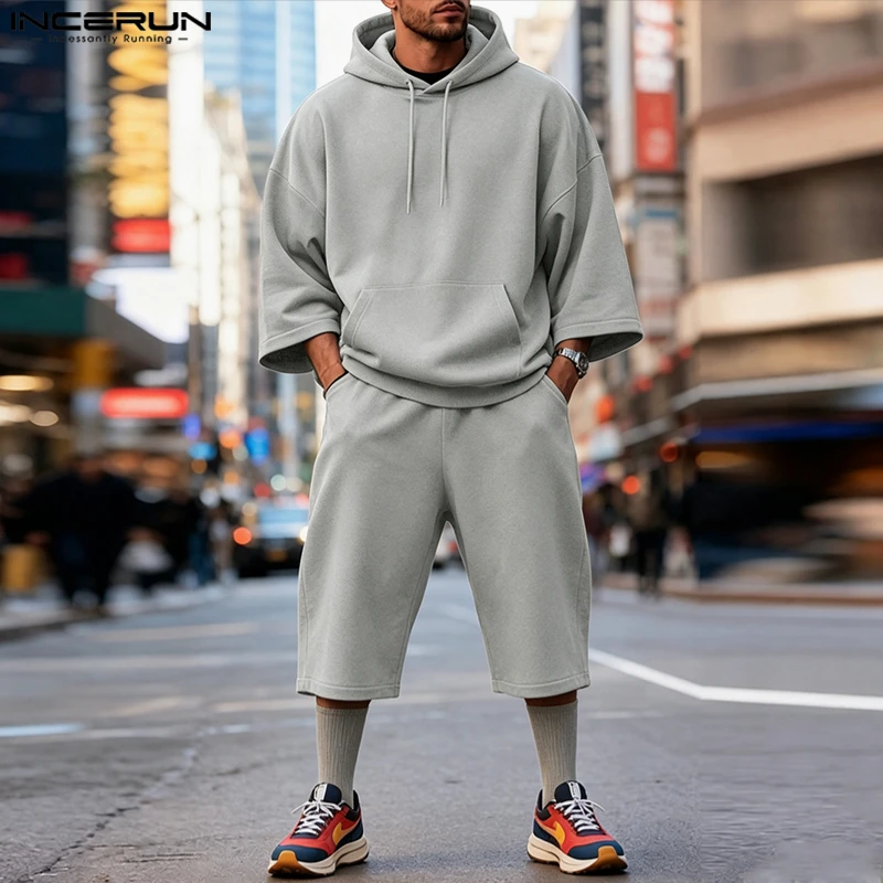 Men's Sets Solid Streetwear Casual Tracksuits Hooded 3/4 Sleeve Hoodies Pants Two Piece Sets Oversize Men Matching Sets INCERUN