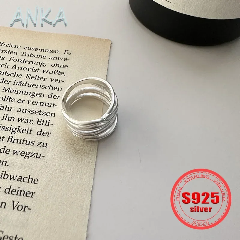 ANKA NEW S925 Sterling Silver Line Wrap Ring Simple Literary Matte Wide Open Ring