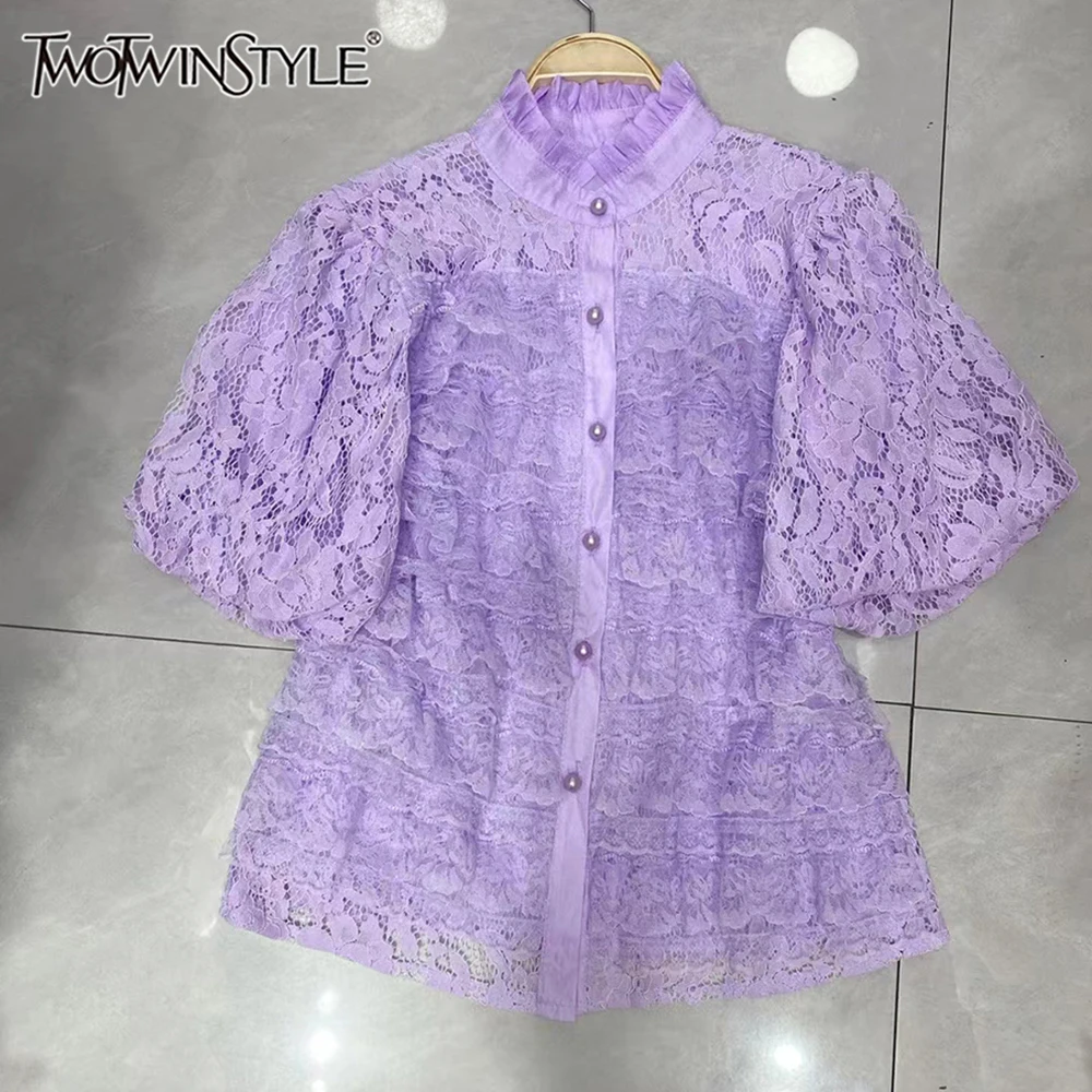 

TWOTWINSTYLE Hollow Out Lace Solid Blouses For Women Stand Collar Short Sleeve Spliced Button Vintage Shirts Female KBL536985
