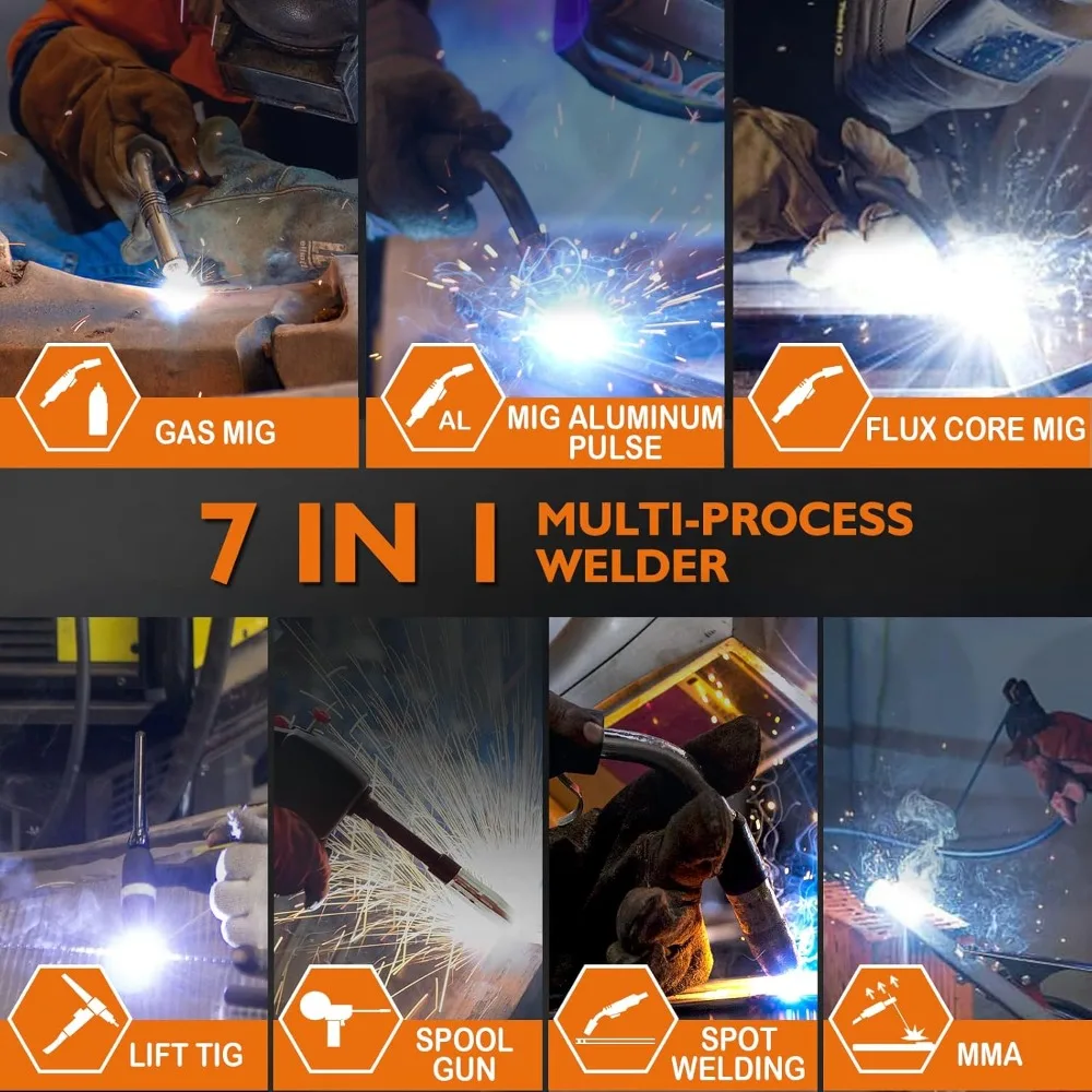 250A aluminium gepulseerde MIG-lasser, 7-in-1 gas MIG / pulse MIG / Flux Core / Stick / Lift TIG / puntlassen / spoelpistool compatibel aluminium