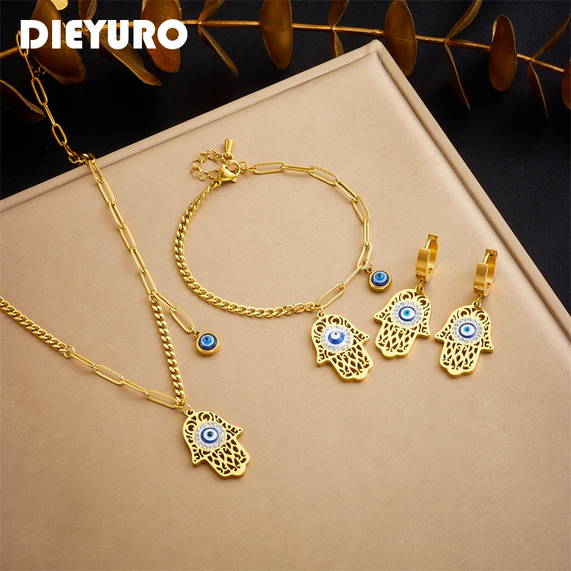 DIEYURO 316L acciaio inossidabile Vintage Blue Palm Eyes collana bracciali orecchini per le donne nuovo Set di gioielli alla moda regalo di nozze