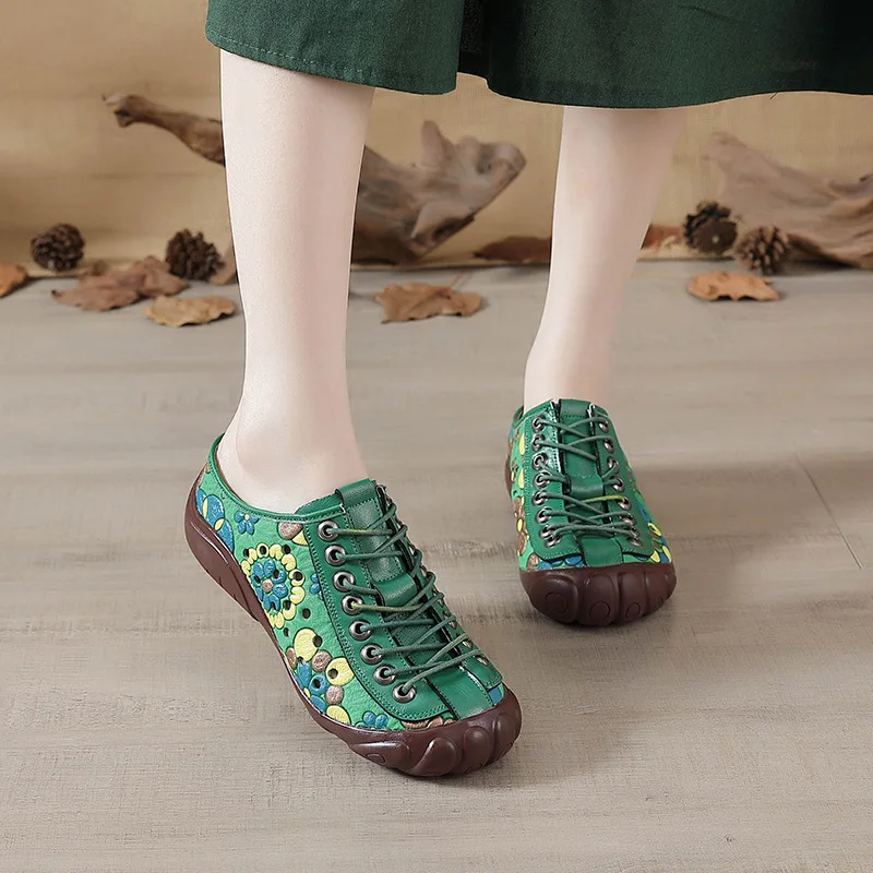 Xiuteng Printed Genuine Leather Hollowed Shoe With Breathable Holes For Woman Sandals Casual Sneakers Flats