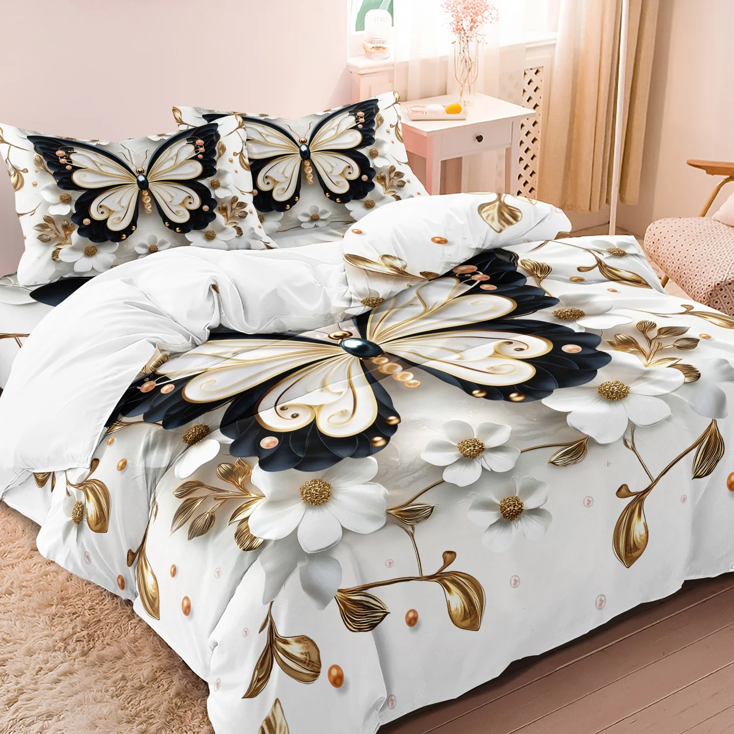 3pcs Golden Butterfly Floral Print Bedding Set Nature Themed Duvet Cover, Home Decor Used For Family Bedrooms Dormitories Hotels