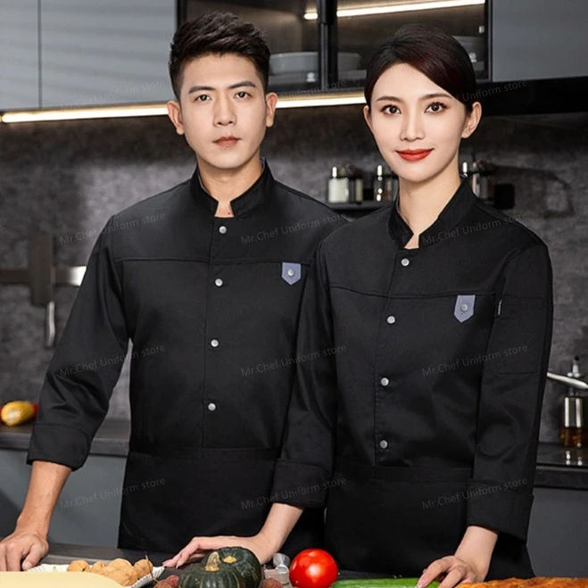 طويلة الأكمام الشيف موحدة كوك معطف الشيف تي شيرت الرجال مطعم الشيف سترة العمل موحدة النادل فندق الملابس مخصصة ogo