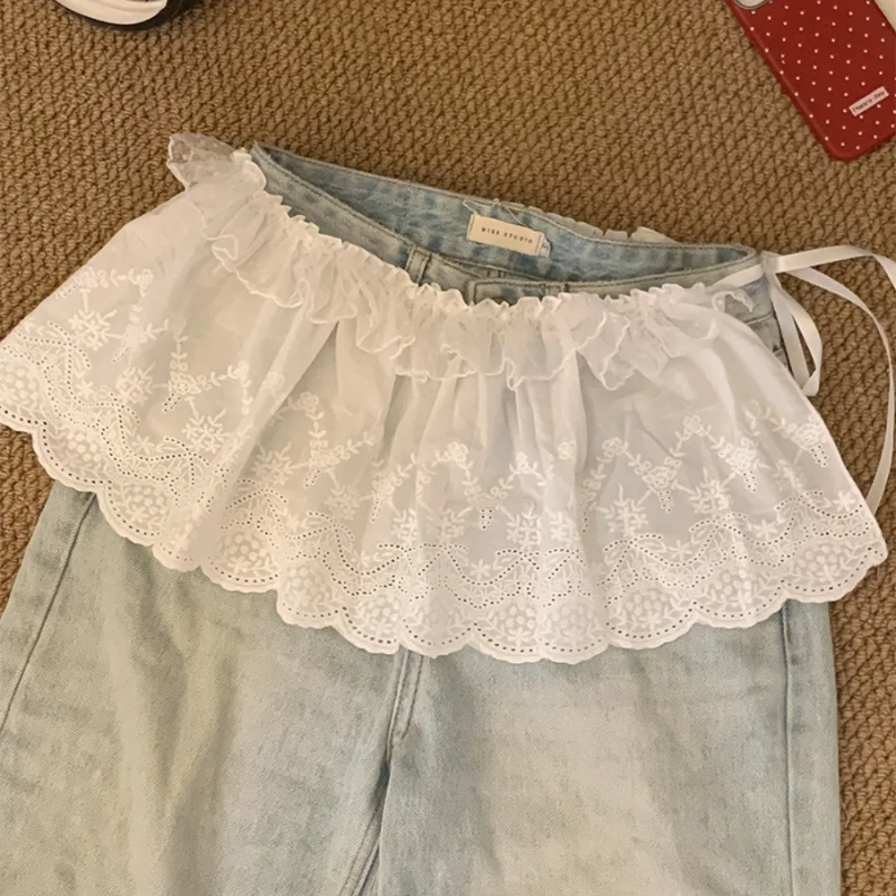 

Sweet Balletcore Lace Mini Skirts White Korean Style Ruffle Short Skirts Elastic Stacked Butt Curtain Jeans Decorative