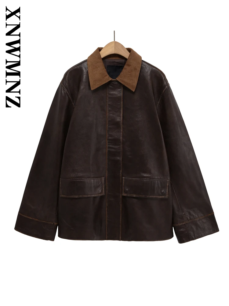

XNWMNZ 2025 Winter Lady Commuting Simple Turn-down Collar Long Sleeve Outerwear Vintage Fashion Autumn Woman BROWN Casual Jacket