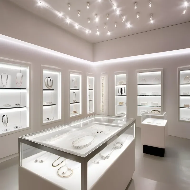 High End Gold Counter Shop Interior Design Custom Lockable Glass Jewelry Store Display Showcase Cabinet With Light