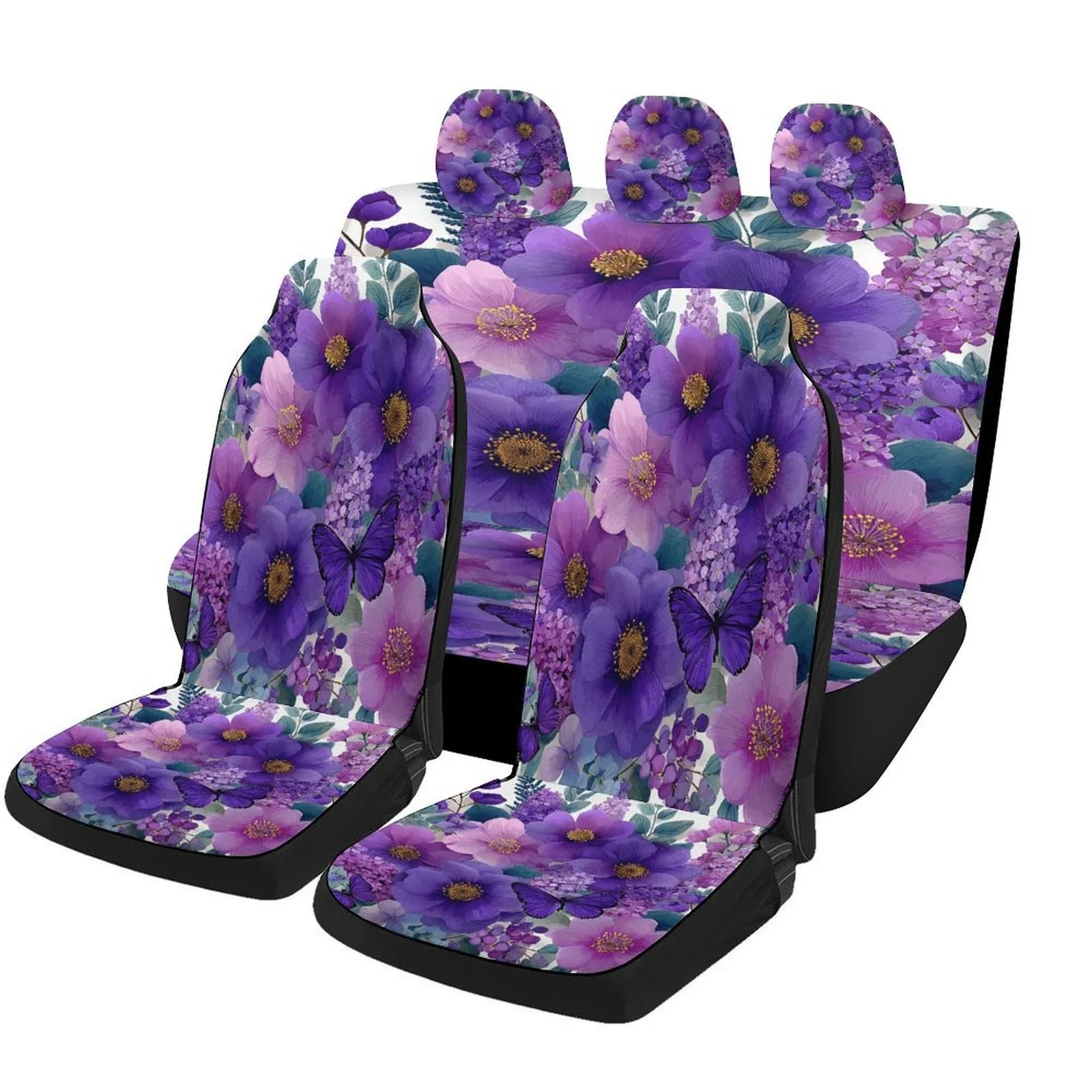 Purple Flowers And Butterflies Designed Car Seat Cover Set For Most Cars, High-quality Comfortable Car Seat Protector Covers Ful
