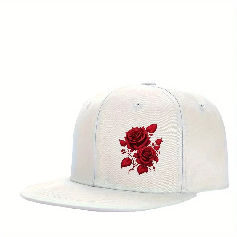 Red Rose Graphic Flat Brim Baseball Cap Adjustable Cotton Hip Hop Snapback Hat for Unisex