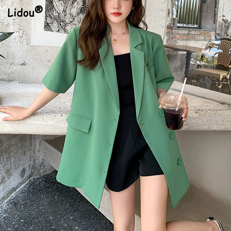 Business Casual Korean Loose Long Straight Solid Button Plus Size Pockets Blazers Women\'s Clothing Notched Tops Spring Autumn