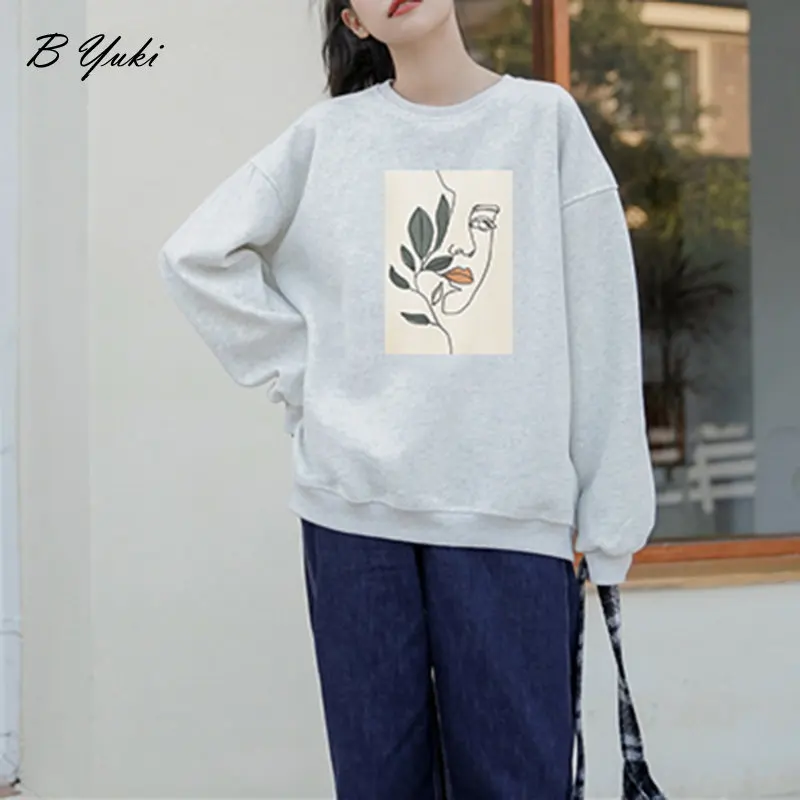 Blessyuki Korea New Abstract Printed Sweatshirt Women Winter Fashion Fleece Long Sleeve Hoodies Female Vintage Harajuku Jumpers