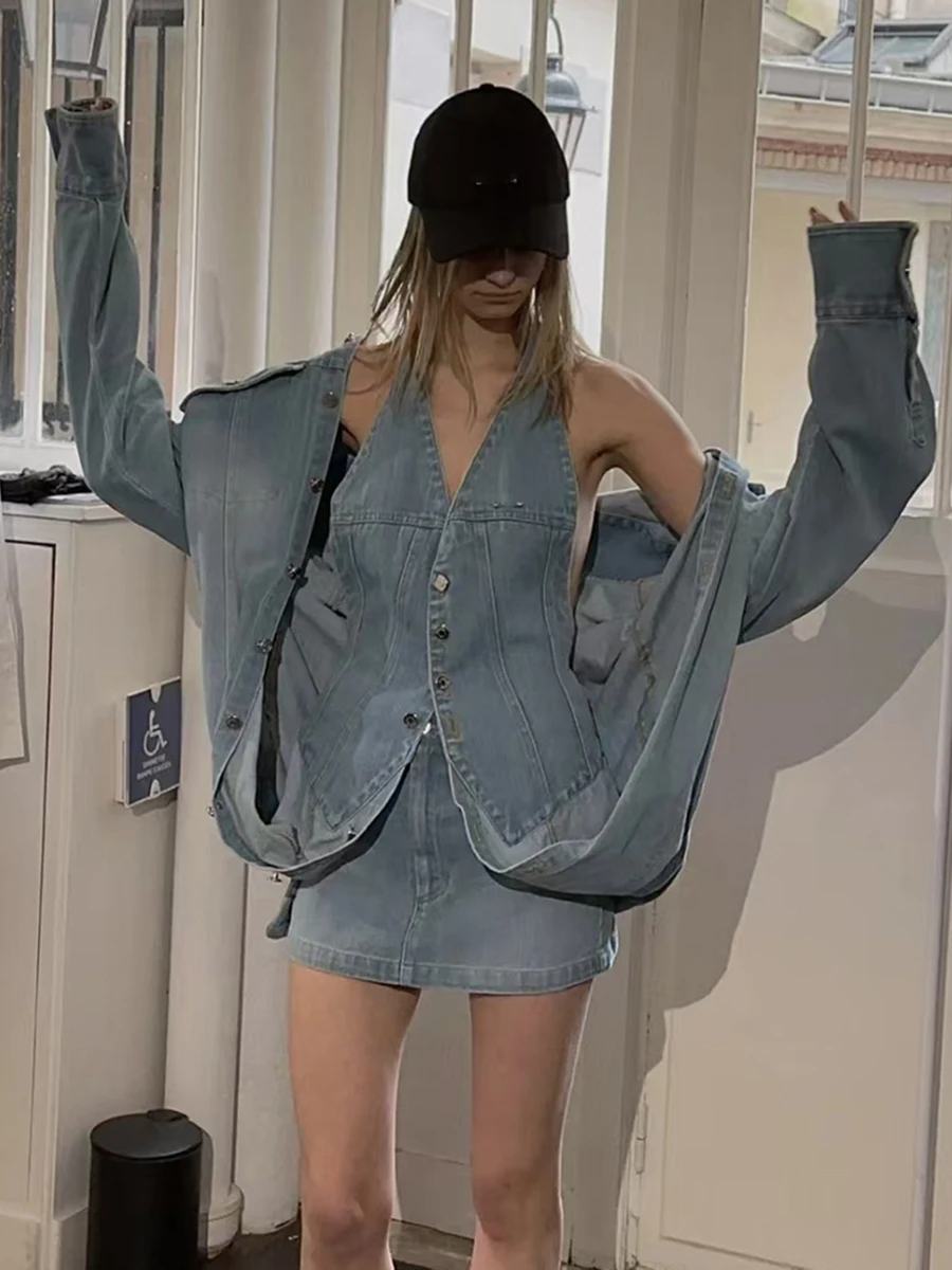 TWOTWINSTYLE Designer Loose Chic Jackets For Women Lapel Long Sleeve Streetwear Patchwork Pockets Coats Female Fashion Style New