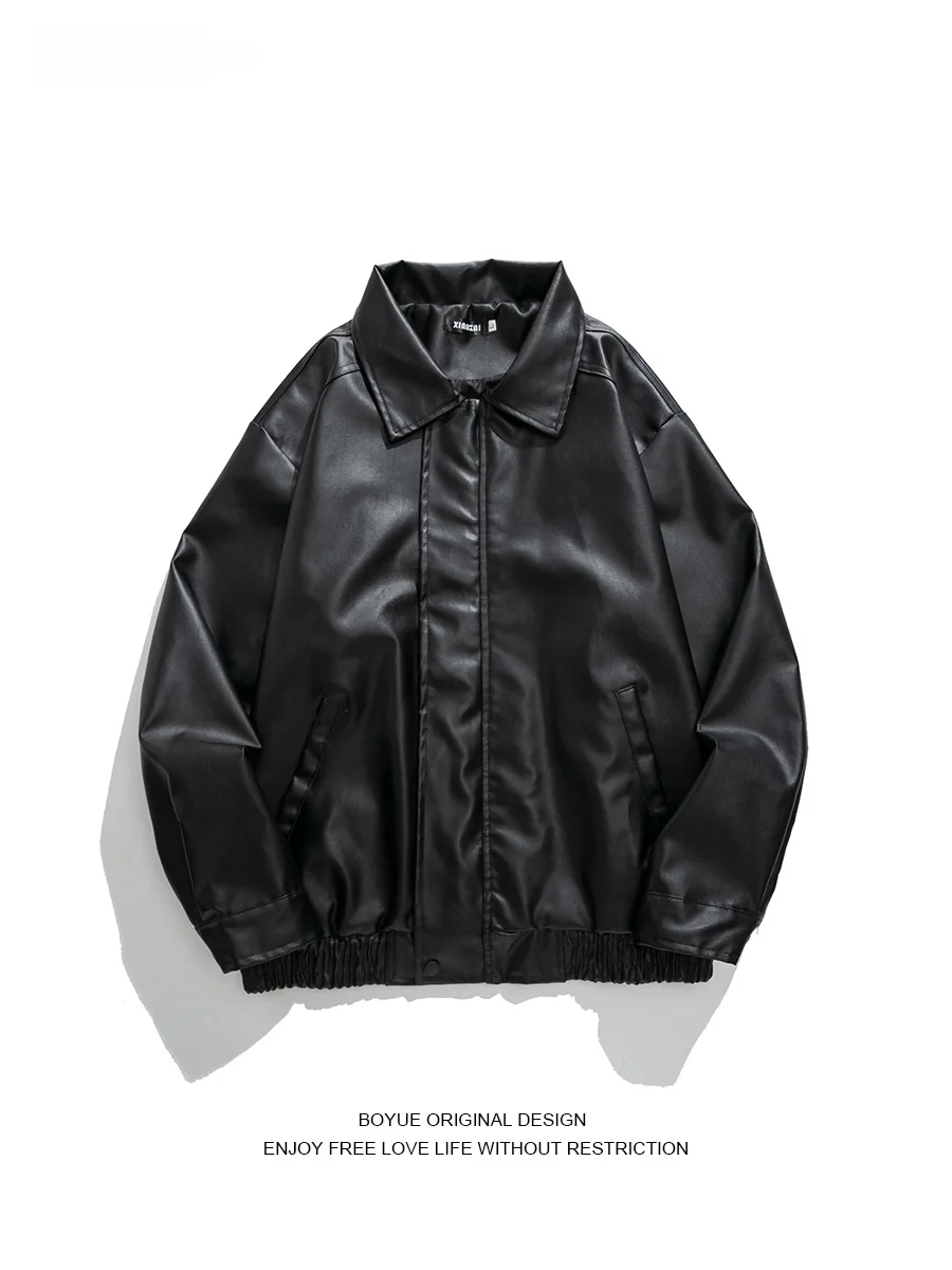 

Boyue Pure Color PU Leather Jaet Motorcycle Sle Autumn Winter Youthful Chic Men's Biker Coat Loose Fit Long Sve Zipper