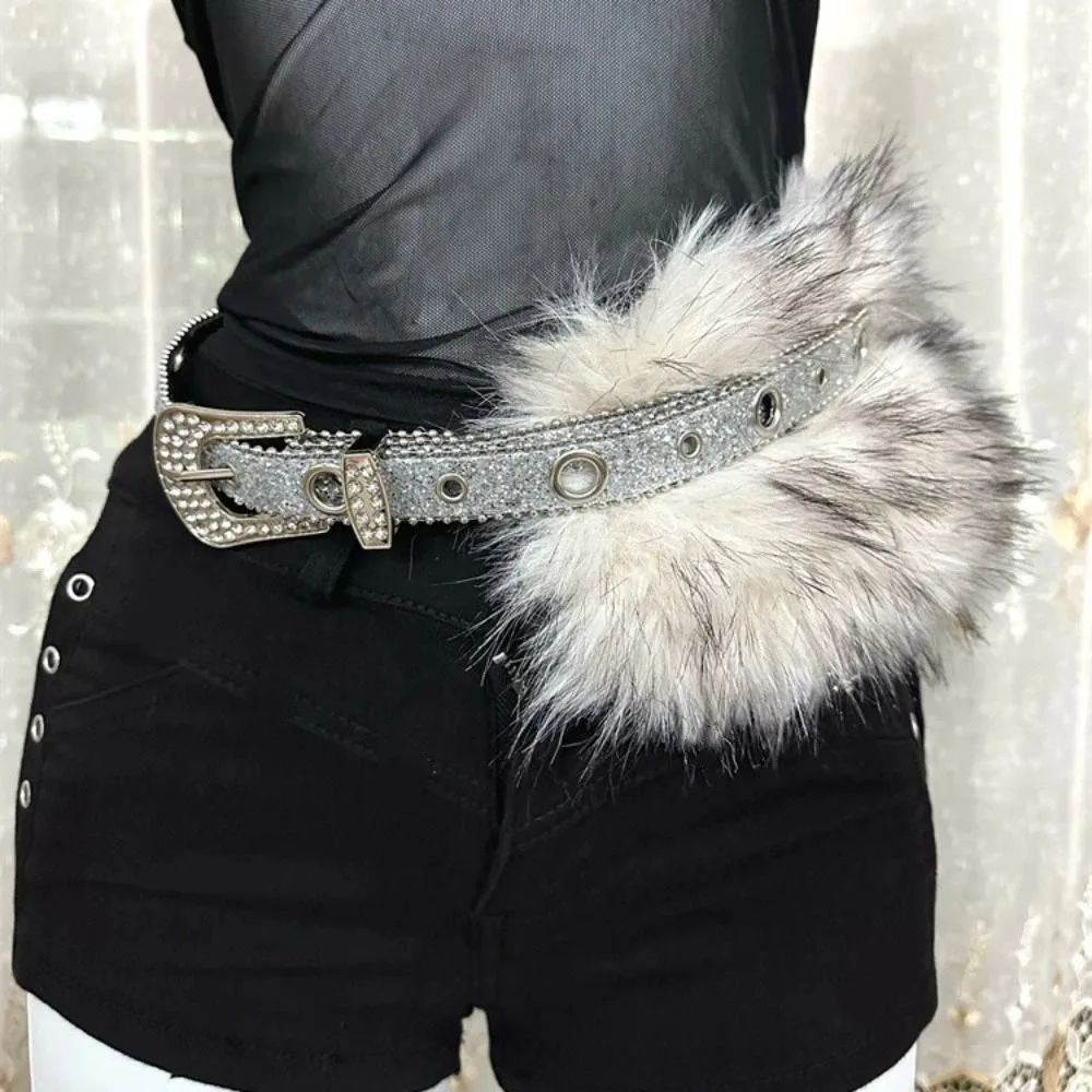 

Rhinestone Leather Fur Belt Spicy Girl Style Punk Furry Waistband Retro Jeans Decor Y2K Plush Waist Belt Female/Girls