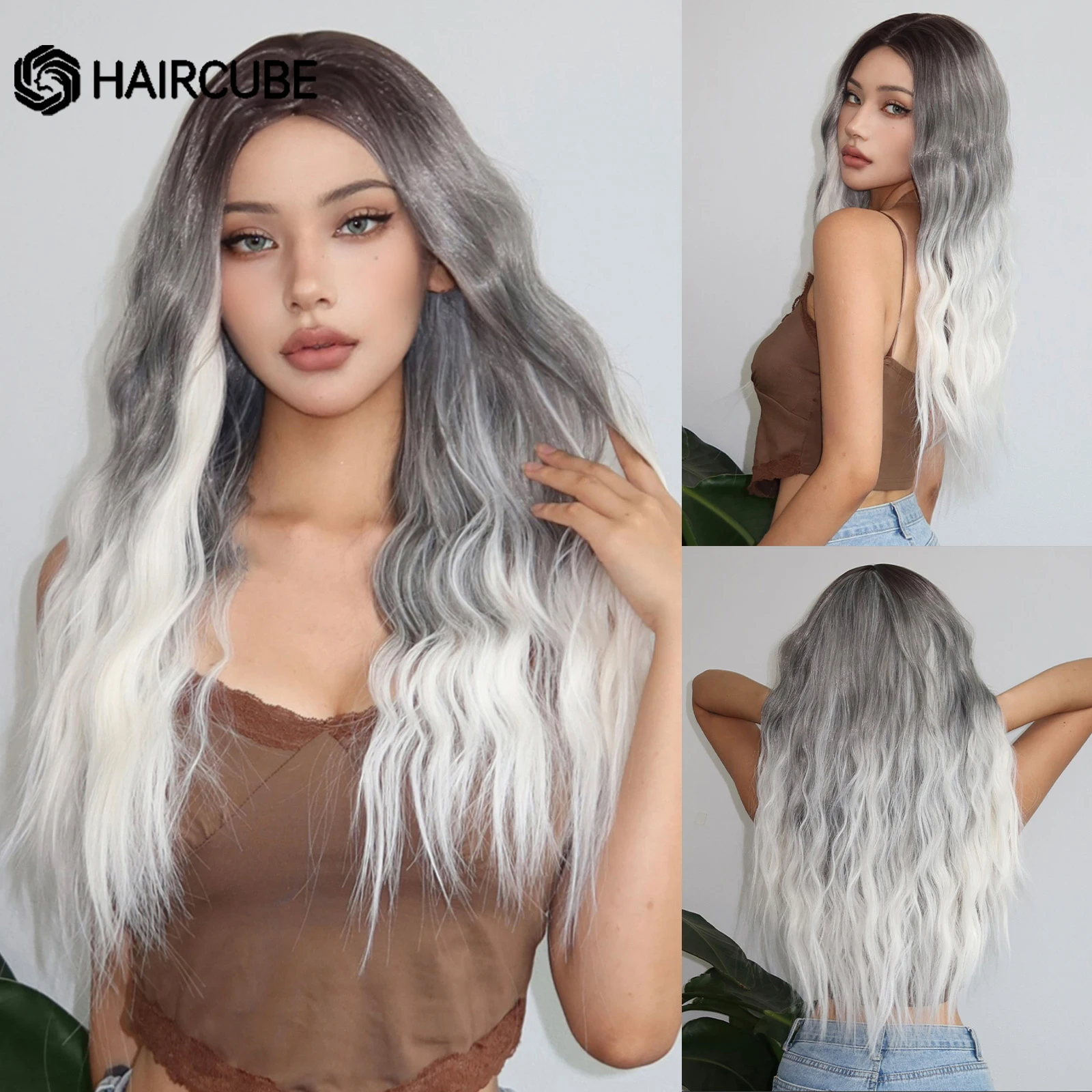 HAIRCUBE Long Grey to White Omber Wavy Wigs Middle Part Heat Resistant Softy Synthetic Wigs for Black Women Christmas Party Wigs