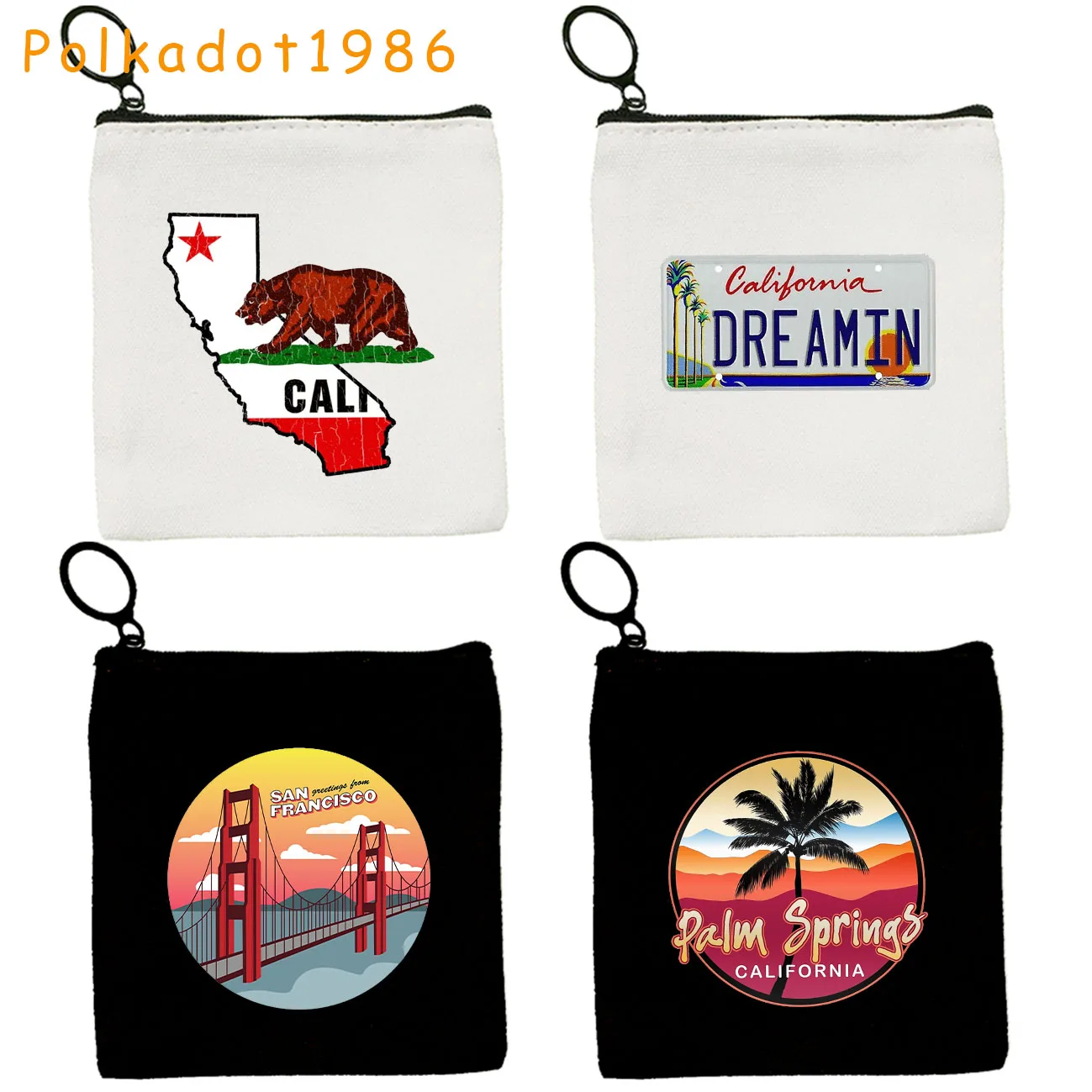 

Retro California State Bear Flag Golden Gate Bridge Palm San Francisco Canvas Coin Purse Key Case Small Bags Wallet Zipper Pouch