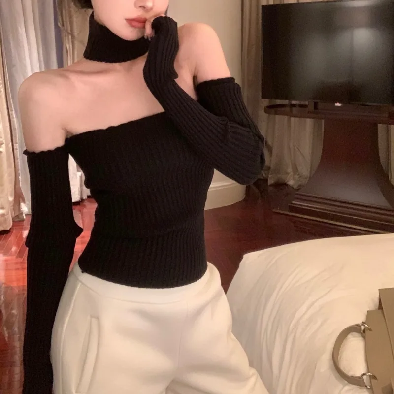 Streetwear Backless Thread Long-sleeved Sweater Women 2024 Autumn New Off-shoulder Solid Color All Match Knitted Crop Tops