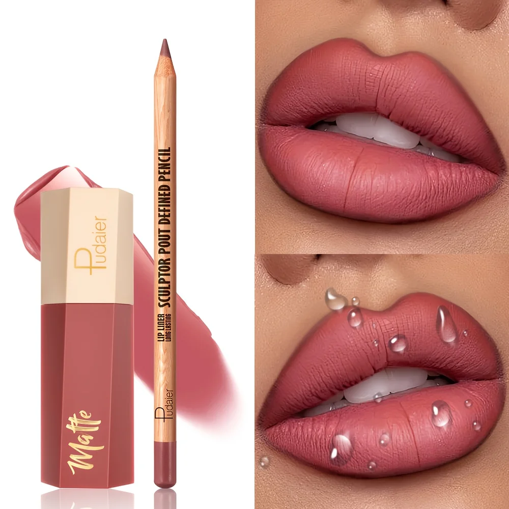 1 conjunto de brilho labial fosco e conjunto de canetas de delineador labial, de longa duração, à prova d'água, não é fácil de borrar, textura de veludo