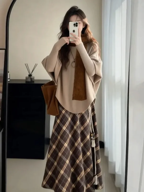 Conjunto de suéter de punto a cuadros Retro para mujer Otoño Invierno Batwing Sve falda acampanada ajustada de cintura alta conjunto de dos piezas
