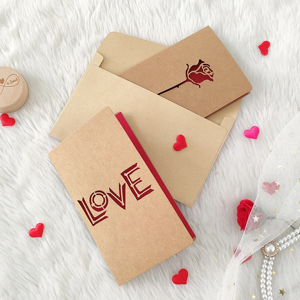 Vintage Kraft Paper Valentine\'s Day Greeting Card with Envelope Cutout Love Heart Rose Mother\'s Day Thank you Card Blessing Gift