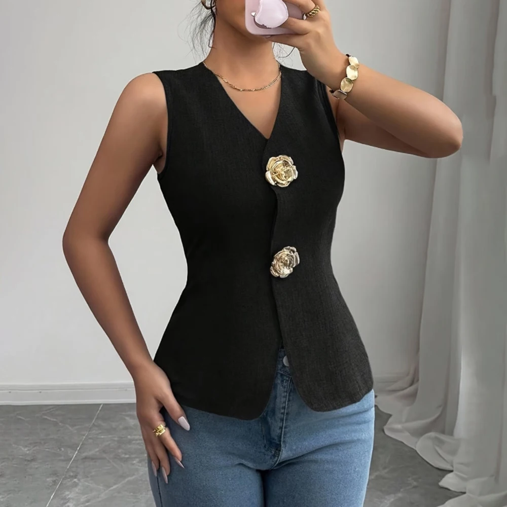 TWOTWINSTYLE Solid Slimming Spliced Rose Buttons Elegant Vest for Women V Neck Sleeveless Tunic Minimalist Vests Female Fashion