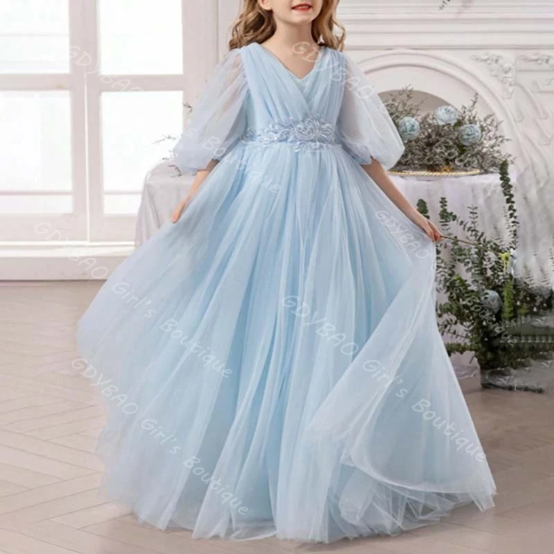 

Sky Blue Flower Girl Dress for Wedding Balloon Sleeve Appliqued Tulle First Communion Pageant Dress 2-14 Kids Custom Party Gown