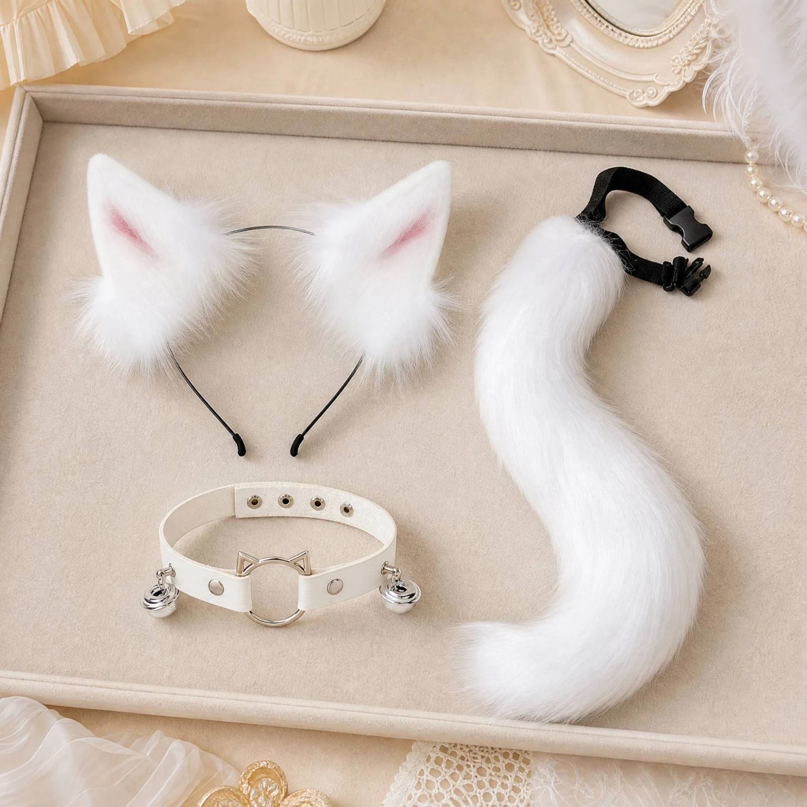 Cat Cosplay Accessory Set with Bells Plush Feline Ear Headband Tail Collar Set Plush Long for Cosplayers, Stage Performances