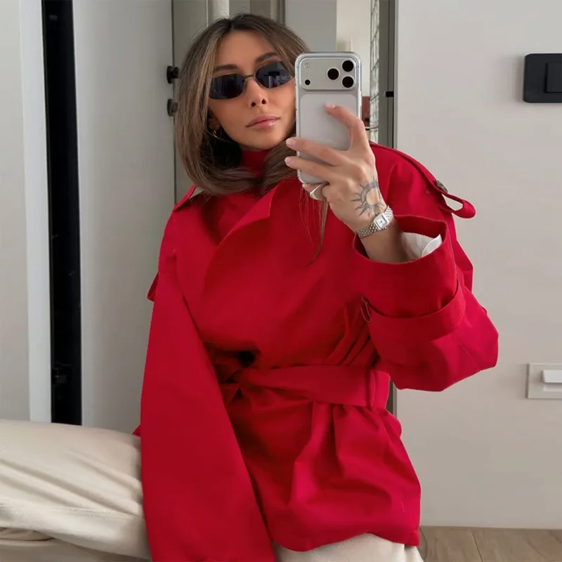 The New Autumn Collection Features A High-end, Simple, Bright Red, Versatile Belt-cinched and Slimming Windbreaker for Women.