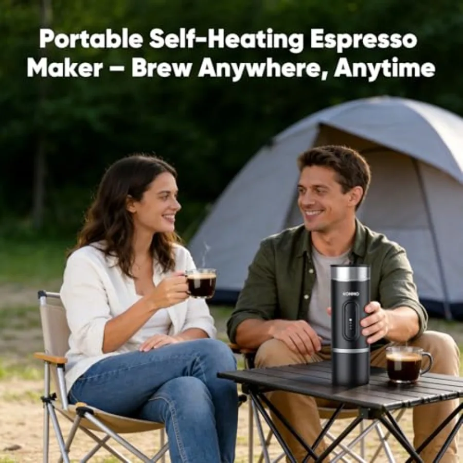 Portable espresso machine for travel: stainless steel, black, self-heating with capsule ground coffee compatibility, Type-C rec