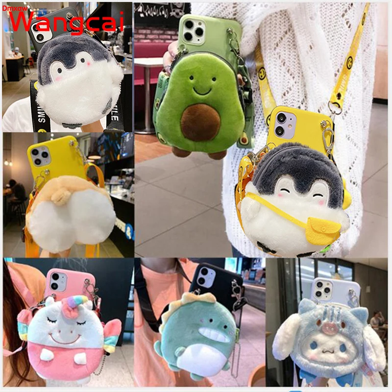 Cute Plush Fur unicorn Dinosaur Wallet Bag for Samsung Galaxy A01 M01 Core A71 A51 M31 A21S Case Avocado Coin Purse Rope Cover