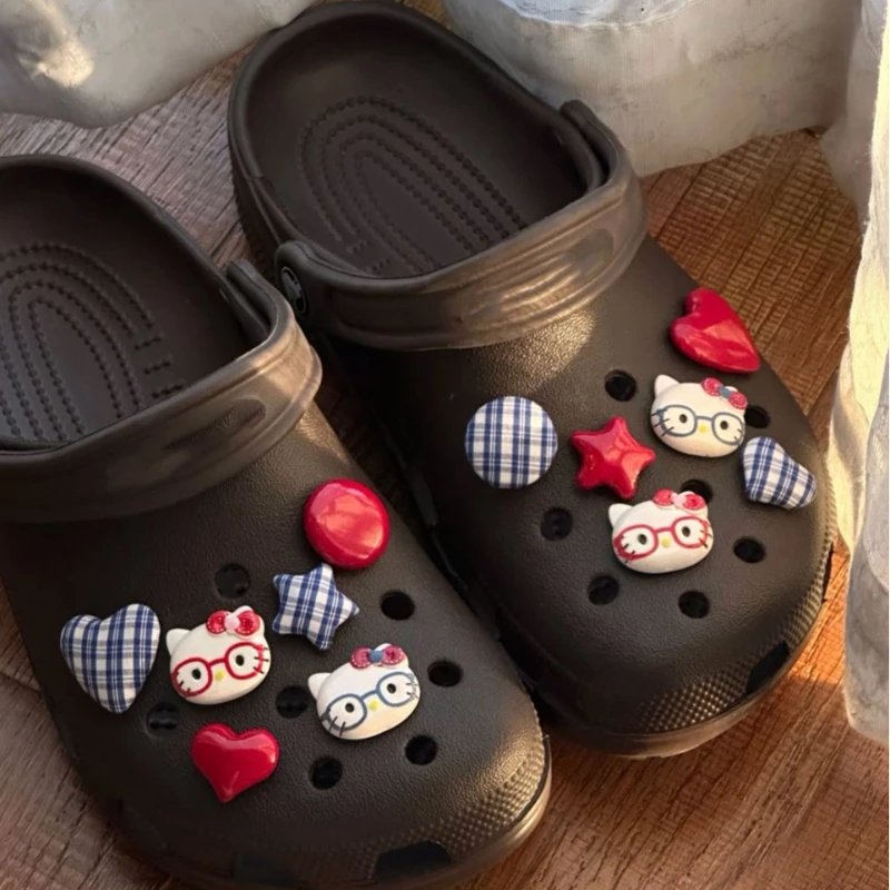 

New Artistic Blue Grid Button Hellokitty Hole Shoe Charms Set DIY Shoe Buckle Removable Shoe Buckle Accessories Xmas Gifts
