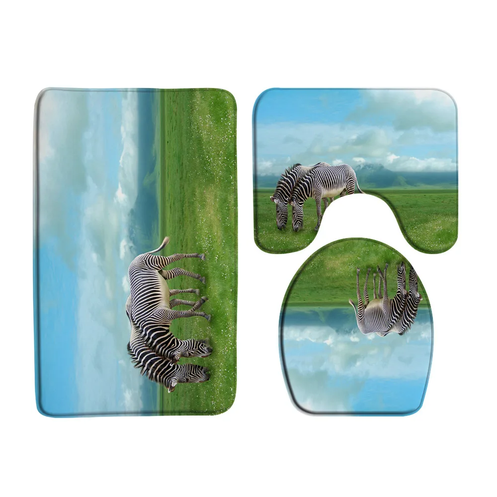 

Green Grassland Scenery Bathroom Rug Sets Non-Slip African Zebra Animal Bath Mat U-Shape Carpet Toilet Lid Cover Flannel Doormat