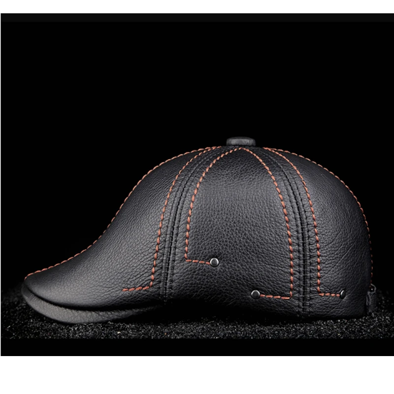 New Cowhide Genuine Leather Men Berets Cap Hat High Quality Fashion Men\'s Real Leather Adult Striped Black Hats
