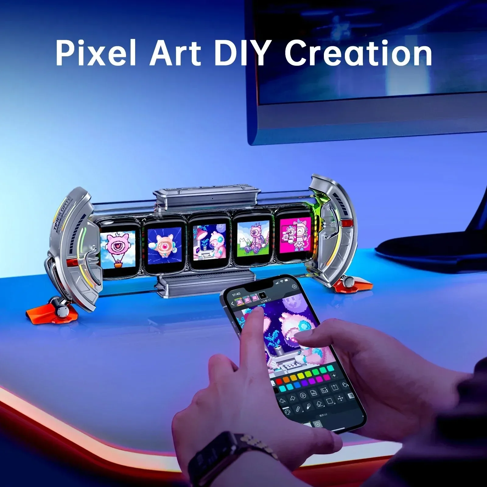 

Ретро-неоновые часы и интеллектуальное управление через приложение: Times Gate Pixel Art Info Station Game — IPS-экран 128x128 для идеального домашнего декора рабочего стола